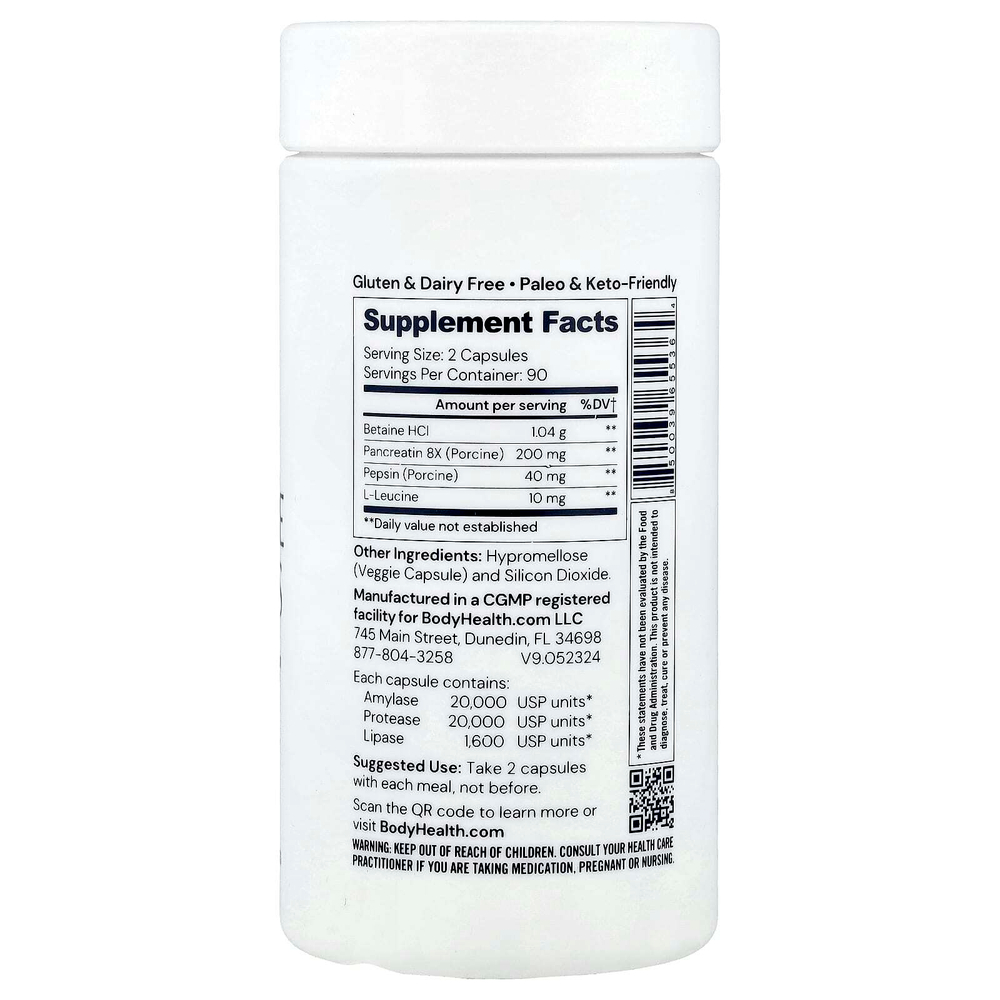 BodyHealth, Пищеварительные ферменты с бетаином, панкреатином и пепсином, 180 капсул