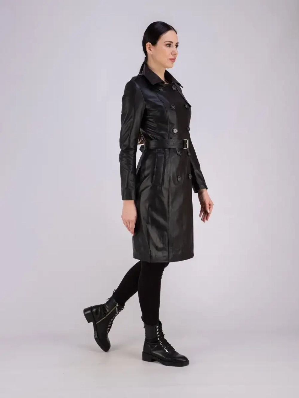 Тренч длинный кожаный с поясом плащ на весну