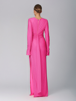 Женское платье макси фуксия с драпировкой и кристаллами