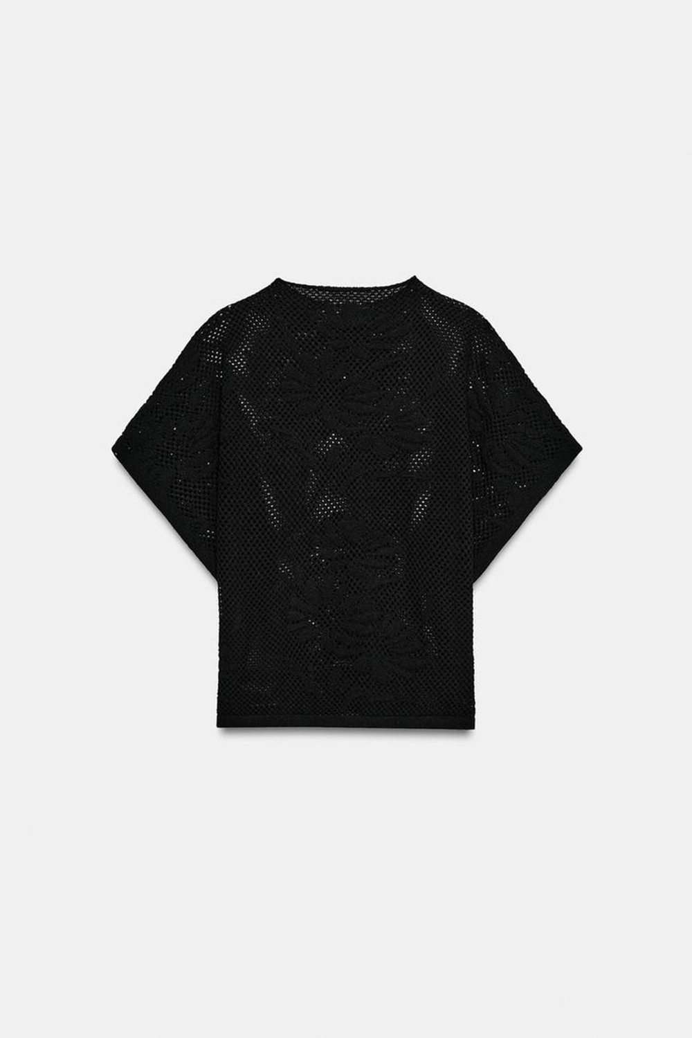 ZARA ТРИКОТАЖНЫЙ ТОП С АЖУРНЫМ УЗОРОМ, ЧЕРНЫЙ