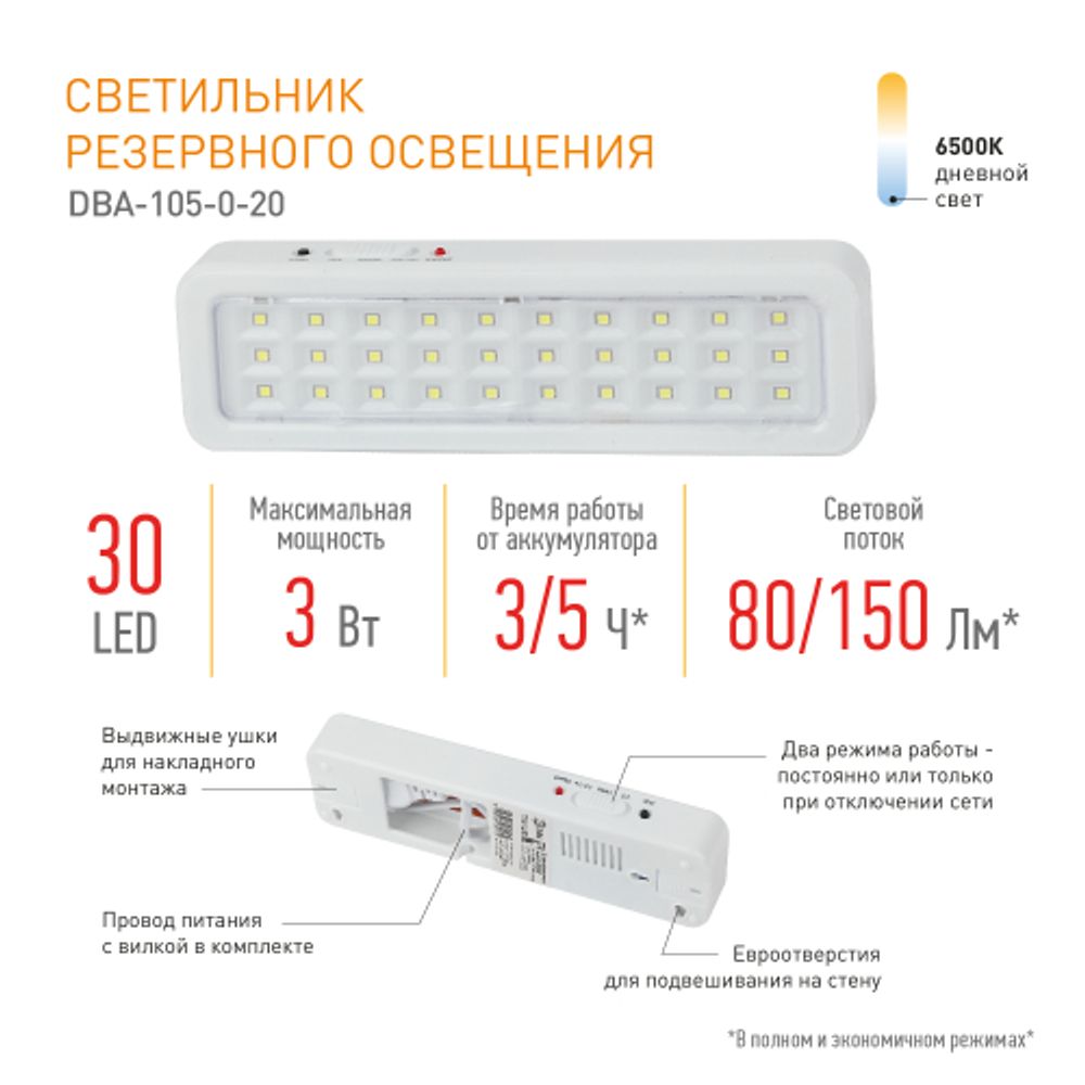 Аварийный светильник светодиодный ЭРА DBA-105-0-20 постоянный/непостоянный 30LED 5ч IP20 | Светильники аварийные