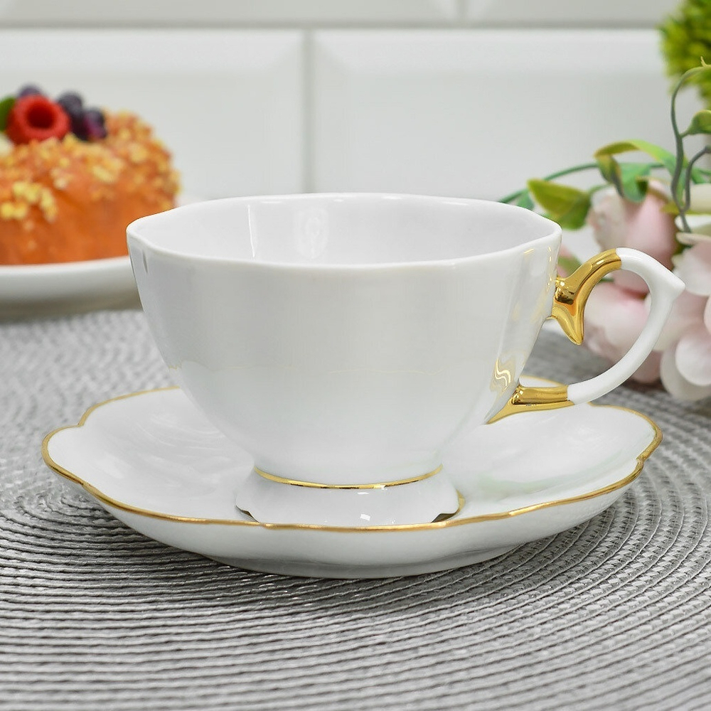 Чайная пара 250мл форма Елена Белая с золотом тонкостенная