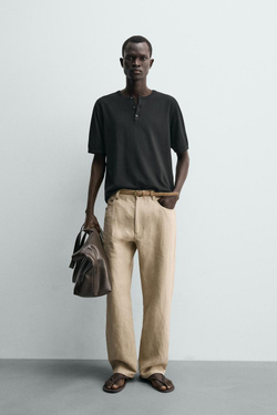 ZARA ФУТБОЛКА С ВОРОТНИКОМ НА ПУГОВИЦАХ, ЧЕРНЫЙ