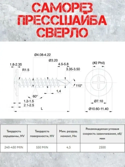 Саморез с прессшайбой 4.2х25 сверло, черный фосфат (100 шт.)