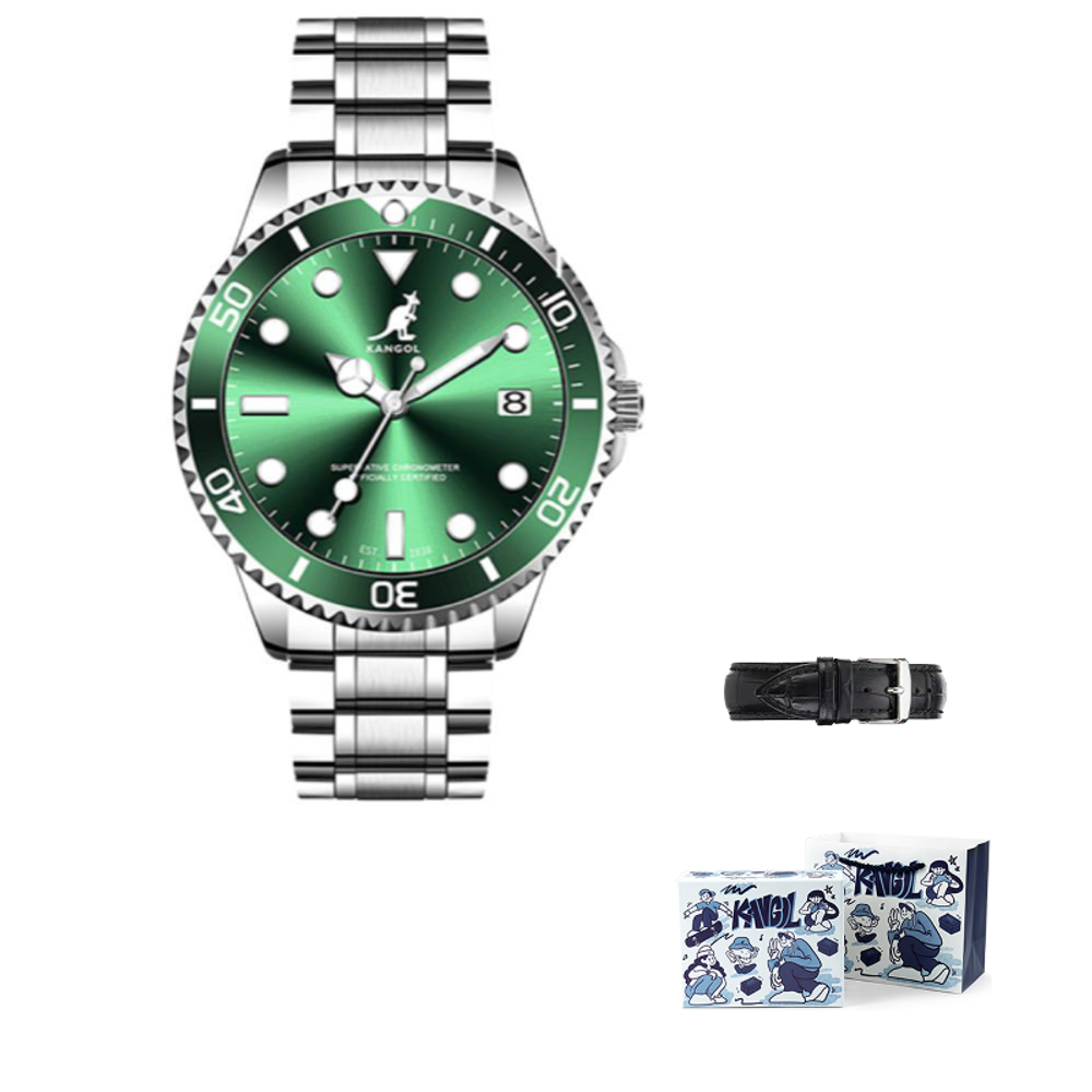 KANGOL Kangaroo Diver Collection Quartz Movement Stainless Steel Watchband Watch Men"s Watches Green Dial