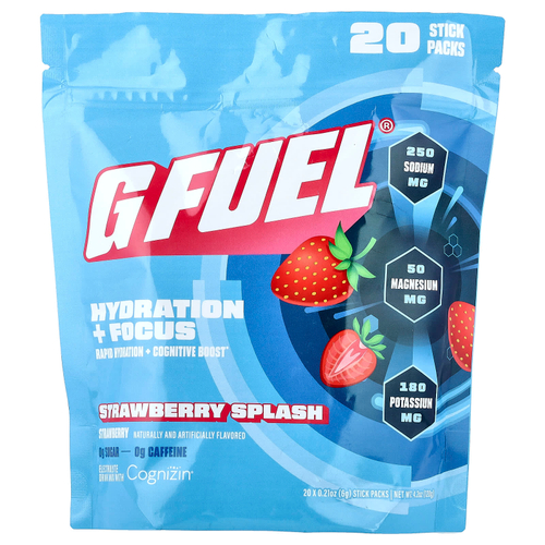 G FUEL, Hydration + Focus, смесь для приготовления электролитического напитка с Cognizin®, со вкусом клубники, 20 пакетиков-стиков по 6 г (0,21 унции)