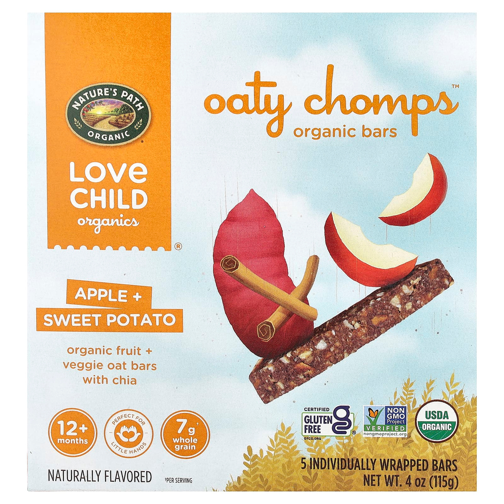 Love Child Organics, Nature's Path, органические батончики Oaty Chomps™, для детей от 12 месяцев, яблоко и батат, 5 батончиков в индивидуальной упаковке, 23 г (0,8 унции)
