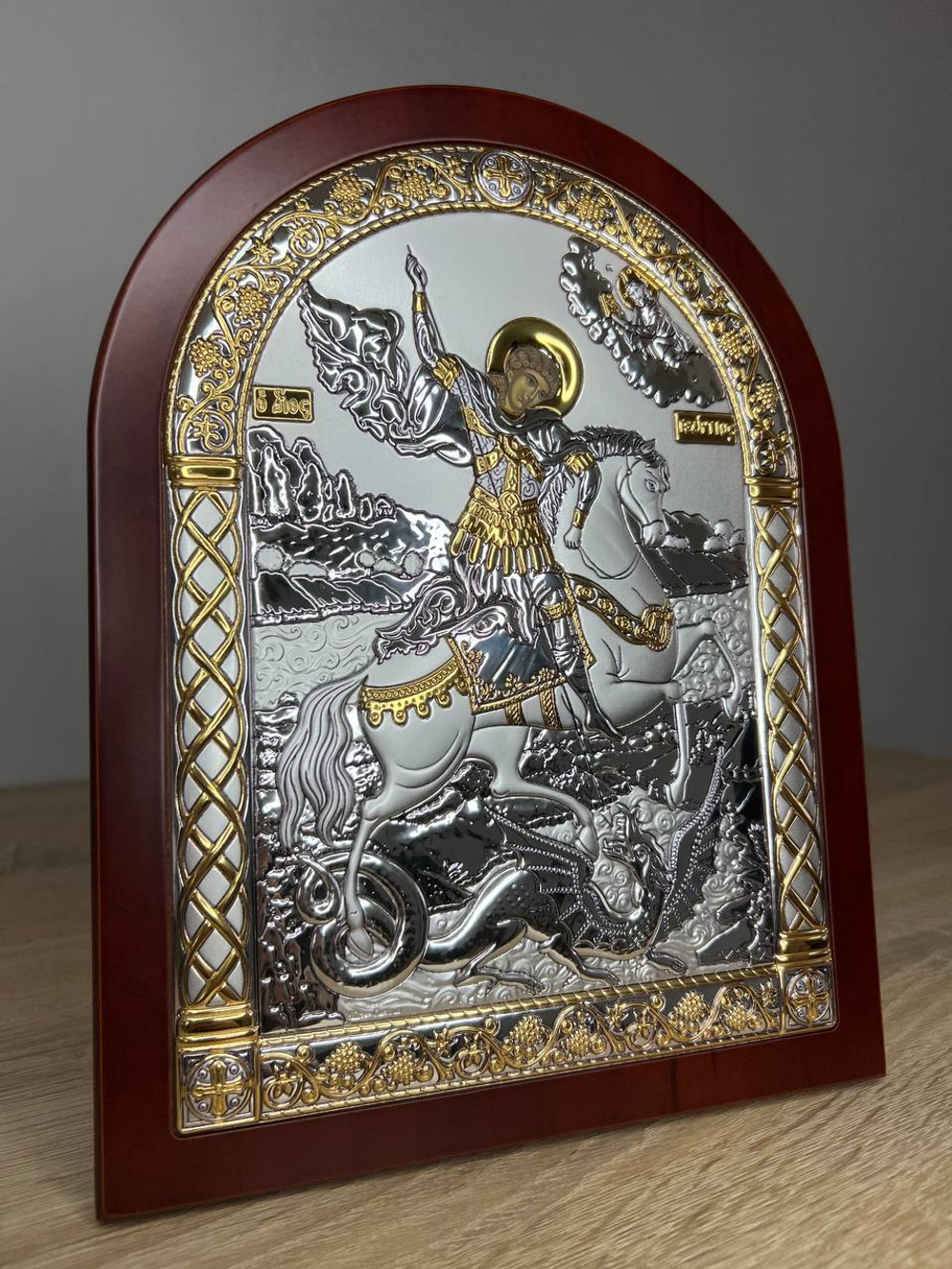 Георгий Победоносец, икона арочная, красное дерево 175х225