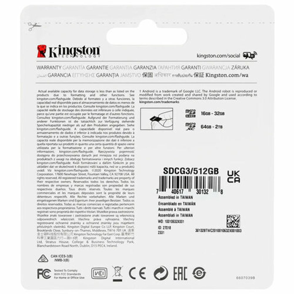 Карта памяти microSDXC 512 GB KINGSTON Canvas Go Plus, UHS-I U1, 170 Мб/с (class 10), с адаптером, SDCG3/512Gb