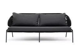 "Милан" диван 3-местный плетеный из роупа, каркас алюминий темно-серый (RAL7024) муар, роуп темно-серый круглый, ткань темно-серая 027