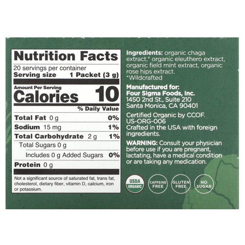 Four Sigmatic, Protect, органическая смесь эликсира с грибами чага и элеутерококком, без кофеина, 20 пакетиков по 3 г (0,1 унции)