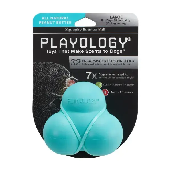 Жевательный тройной мяч Playology SQUEAKY BOUNCE BALL для собак средних и крупных пород с пищалкой и с ароматом говядины, цвет голубой