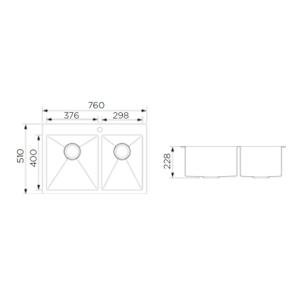 Кухонная мойка, 760x510x228 мм, 2 чаши