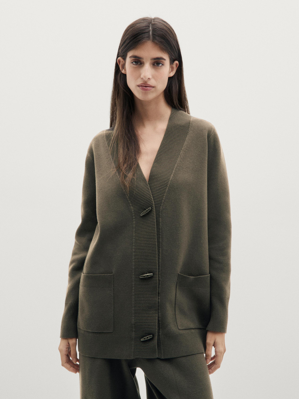 Massimo Dutti Длинный кардиган с пуговицами, серовато-зеленый