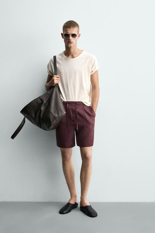 ZARA ШОРТЫ RELAXED FIT ИЗ 100% ЛЬНА, БОРДОВЫЙ