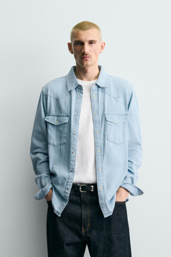 ZARA ДЖИНСОВАЯ РУБАШКА В КОВБОЙСКОМ СТИЛЕ, ГОЛУБОЙ