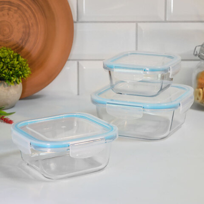 Набор контейнеров 3шт (320мл, 520мл, 800мл) стеклянные, квадратные, с герметичными крышками, цвет си
