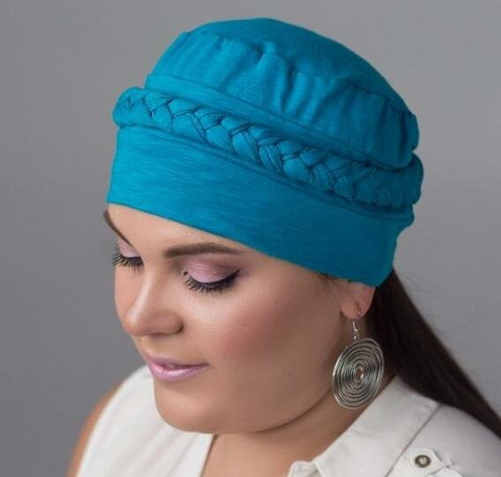 Шапочка КЛЭР с косичкой, тюрбан из хлопка, бирюза Elza Meyger