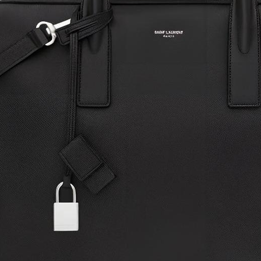 SAINT LAURENT Calfskin Textured Leather Briefcase Small Unisex Black