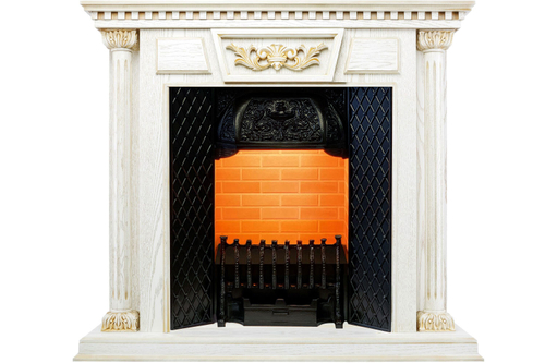 Каминокомплект Olympia - Белый дуб, патина с золотом / Кирпич с очагом Cassette 400 LNH-INT (с дровами)