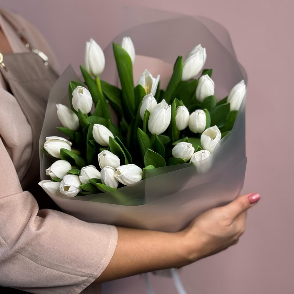Букет из 25 белых тюльпанов в матовой пленке