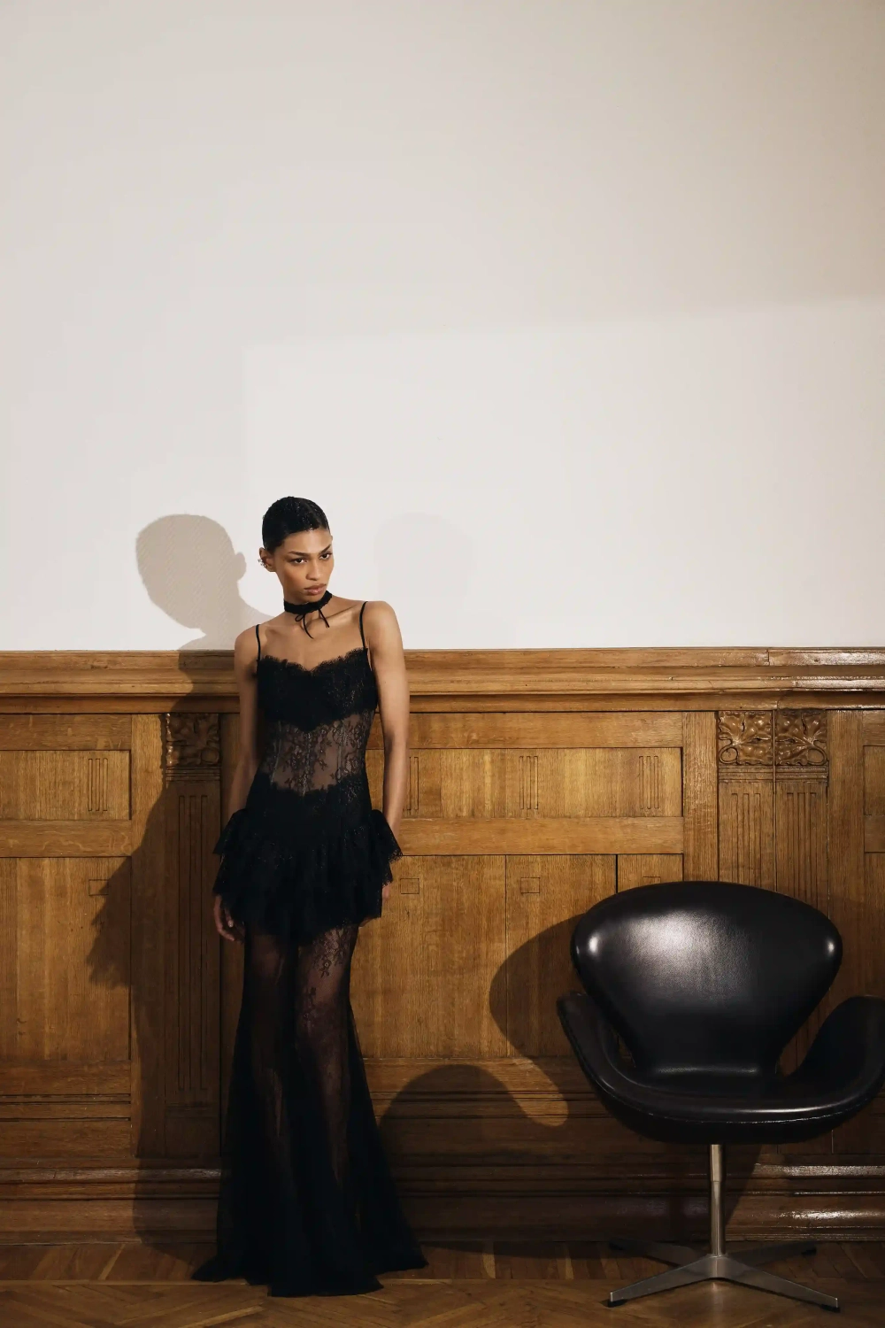 Andrea maxi, платье макси из черного кружева с акцентными оборками