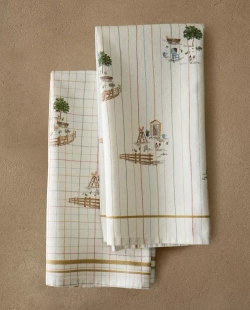 ZARA HOME КУХОННЫЕ ПОЛОТЕНЦА С ПРИНТОМ (НАБОР ИЗ 2 ШТ.), ЭКРЮ