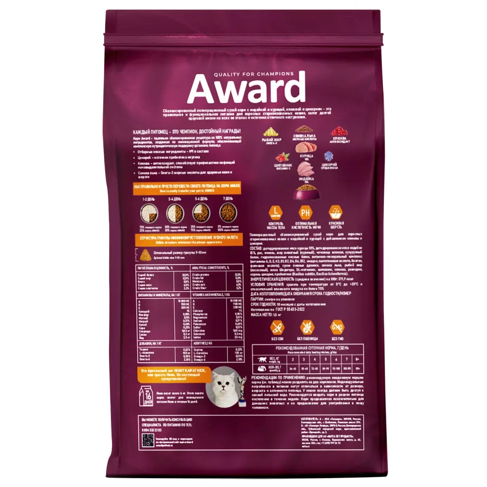 AWARD Sterilized Сухой корм для взрослых стерилизованных кошек с индейкой и курицей, 1,5кг