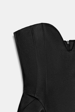 ZARA АТЛАСНОЕ ПЛАТЬЕ БЕЗ БРЕТЕЛЕЙ С ОБЪЕМНЫМИ ДЕТАЛЯМИ, ЧЕРНЫЙ