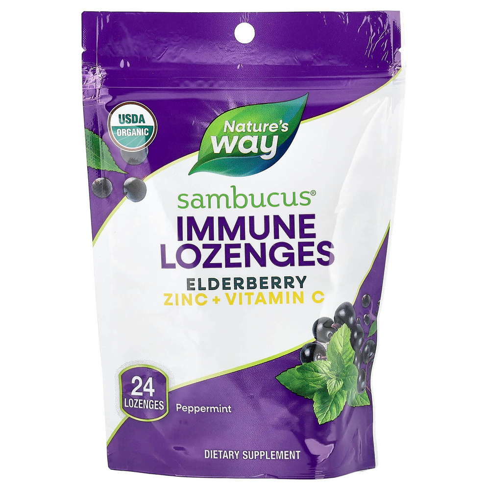 Nature's Way, Sambucus®, леденцы для иммунитета, бузина, цинк и витамин C, перечная мята, 24 пастилки