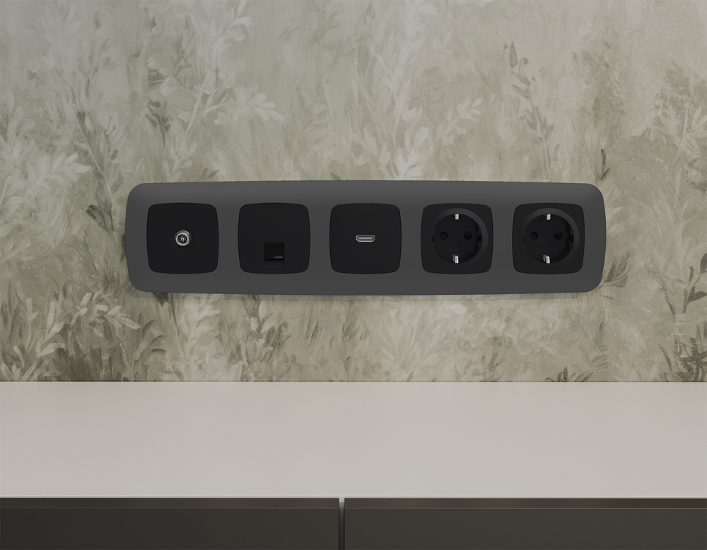 MO812030 Комплект механизма телефонной розетки OMEGA Черный матовый RJ-11(4P4C) с шторкой QUANT (OP8120, VM190)