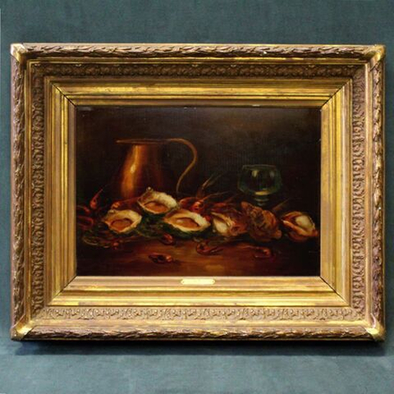 Винтаж: Антикварная Картина «Натюрморт с вином и морепродуктами»