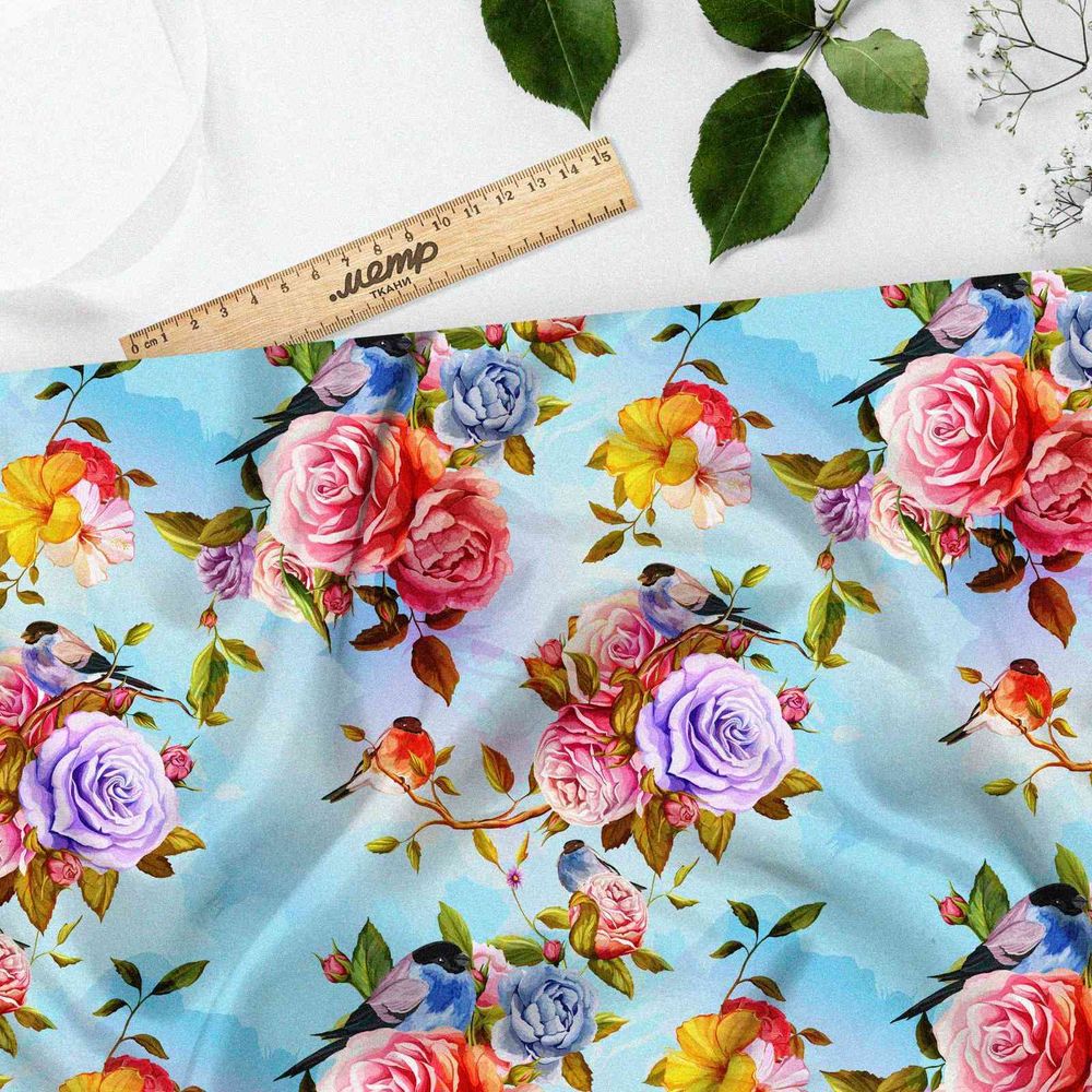 Ткань оксфорд 210 яркие розы на голубом