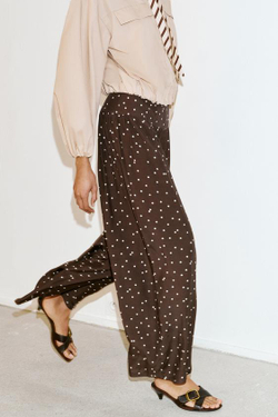 ZARA ШИРОКИЕ БРЮКИ В ГОРОШЕК, КОРИЧНЕВЫЙ/ЭКРЮ