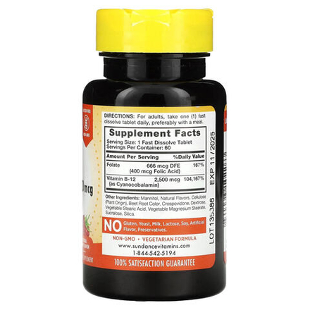 Sundance Vitamins, быстрорастворимый витамин B12 с фолиевой кислотой, с натуральным ягодным вкусом, 60 быстрорастворимых таблеток