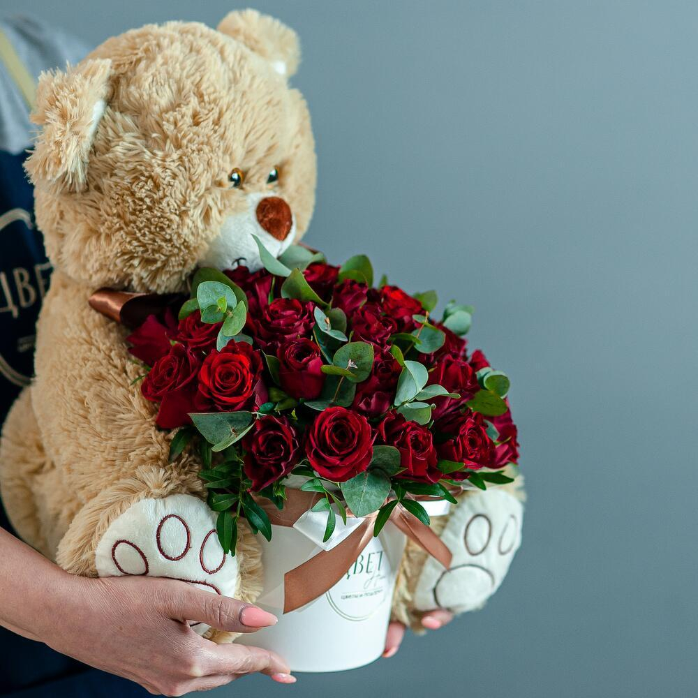 Набор 2в1: Шляпная коробка с розами+Медведь