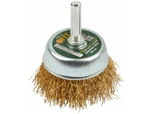 Корщетка чашечная со штифтом стальная латунированная волнистая проволока 50мм