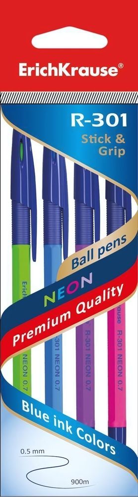 Набор ручек шарик. 0.7мм,синий ,Neon Stik&amp;Grip, 4шт. R-301 (Erich Krause)
