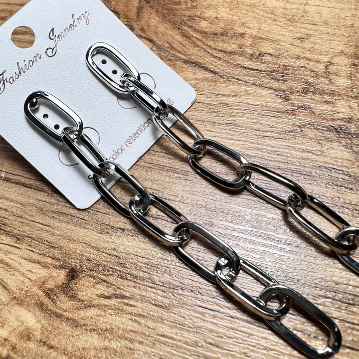 Серьги "Цепи" 7 звеньев плетение якорное овал плоский тонкий металл серебристый 9,5 см