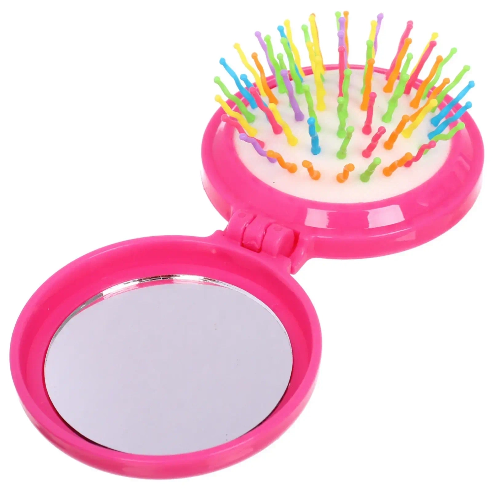 Расческа массажная детская складная «Barbariska», с зеркалом, цветочек - улыбашка, разноцветные зубчики, цвет ярко - розовый, d-7см