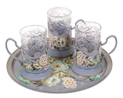 Set of 3 tea glass holders with zhostovo metal tray D-30 cm SET18122022004