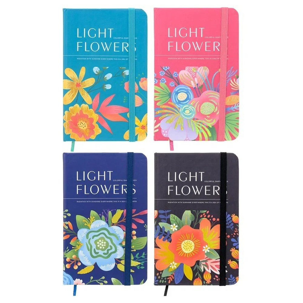 Записная книжка Basir на резинке, формат А6, цветная обложка, серия "LIGHT FLOWER", 14*9 см, 96 листов, 4 цвета ассорти