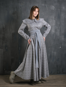 Платье с кушаком /серо-голубая клетка