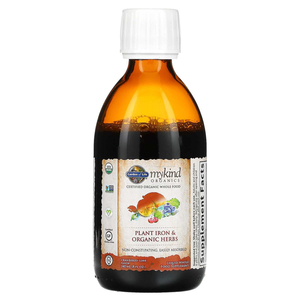 Garden of Life, MyKind Organics, железо из растительных соединений и органические травы, жидкая добавка со вкусом клюквы и лимона, 240 мл (8 жидк. унций)