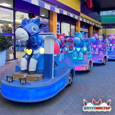 Безрельсовый паровозик «Пони» 4 платформы, 9 мест, с подсветкой