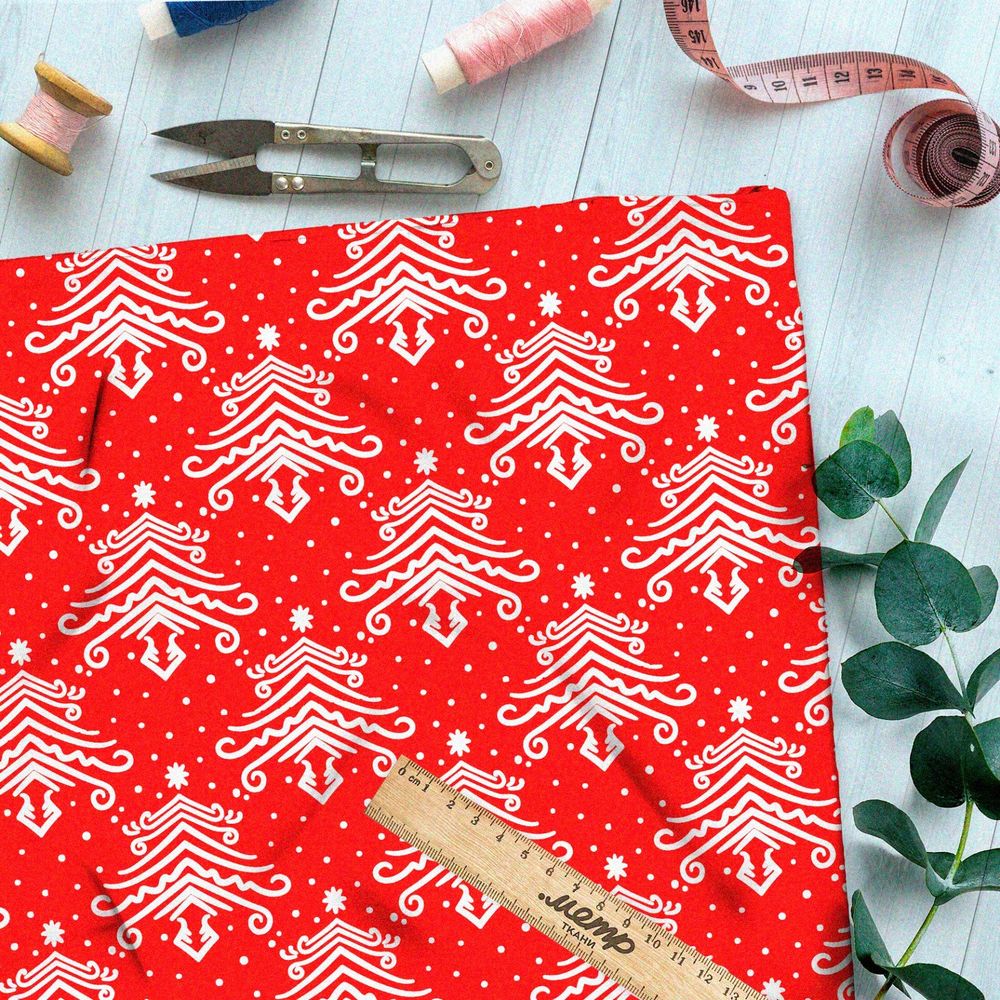 Ткань габардин отзеркаленные белые ёлки на красном фоне