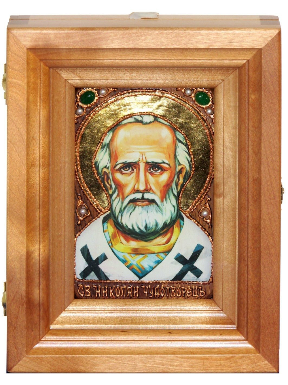 Подарочная икона Святитель Николай, архиепископ Мир Ликийский (Мирликийский), чудотворец с нимбом из сусального золота 15х10см в березовом киоте