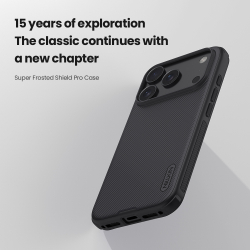 Противоударный чехол черного цвета от Nillkin для смартфона iPhone 17 Pro, серия Super Frosted Shield Pro