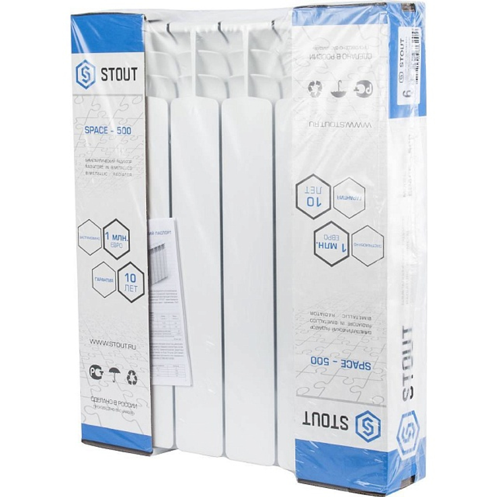 Радиатор биметаллический STOUT Space 500 - 6 секций (подключение боковое, цвет белый)