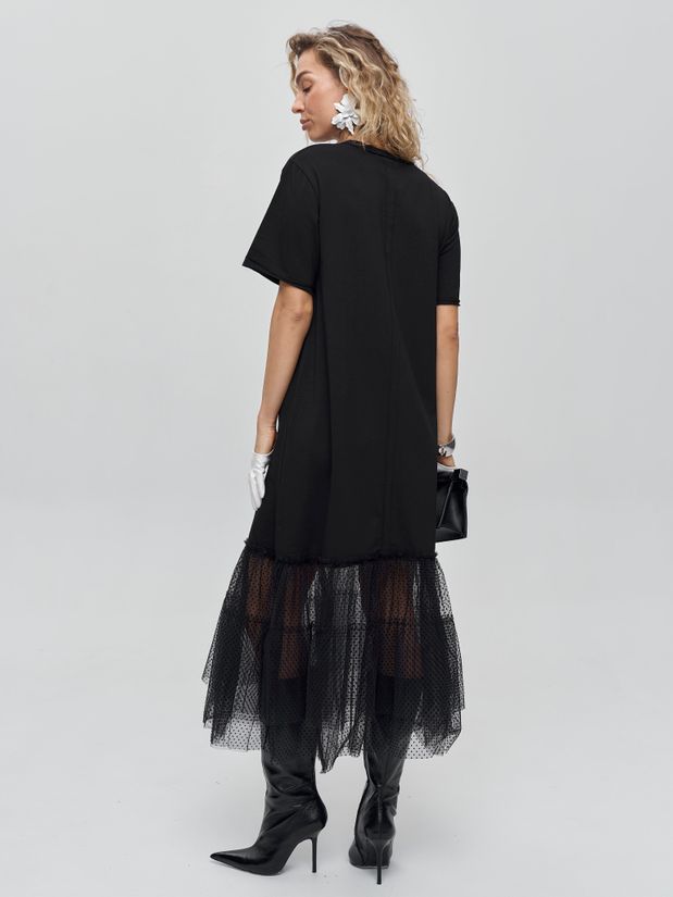 Платье трикотажное макси,с воланом из сетки, черное